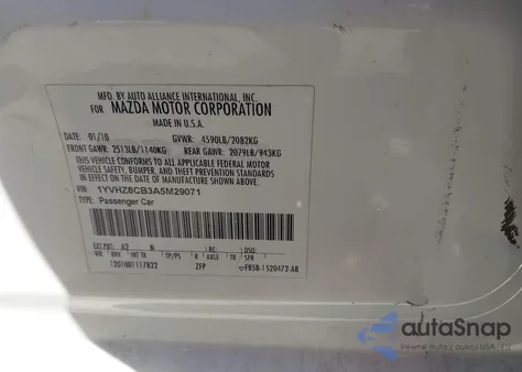 2010 Mazda 6 из США, поврежденный, VIN 1YVHZ8CB3A5M29071